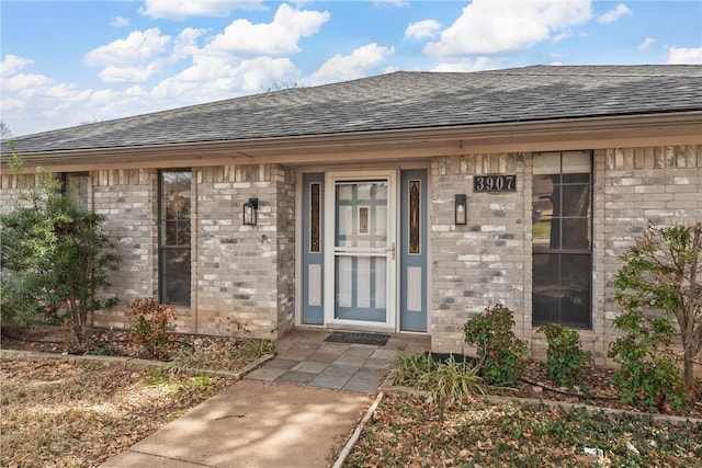 doorway to property featuring roof with shingles and brick siding