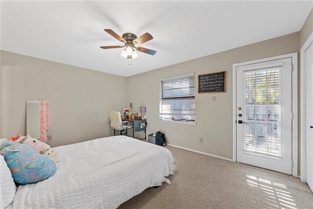 bedroom featuring carpet flooring, ceiling fan, and access to exterior