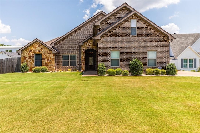 view of front of home with stone siding, brick siding, a front yard, and fence