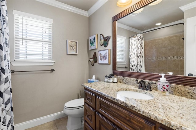 bathroom with ornamental molding, tile patterned flooring, toilet, and baseboards