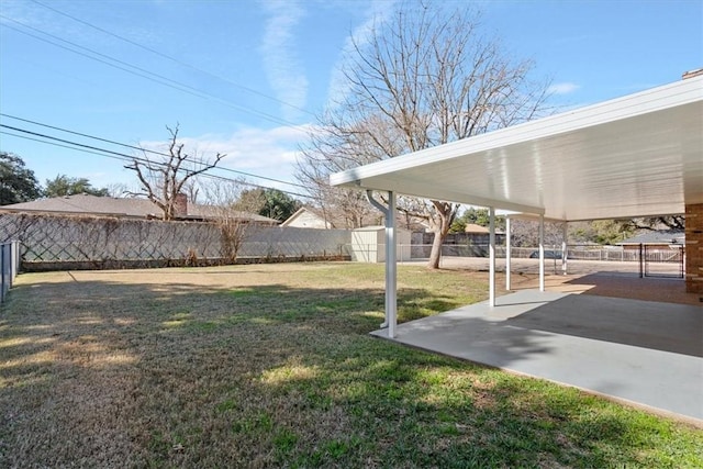 view of yard featuring a patio and a storage unit