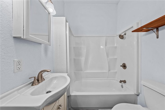 full bathroom with vanity, toilet, and bathing tub / shower combination