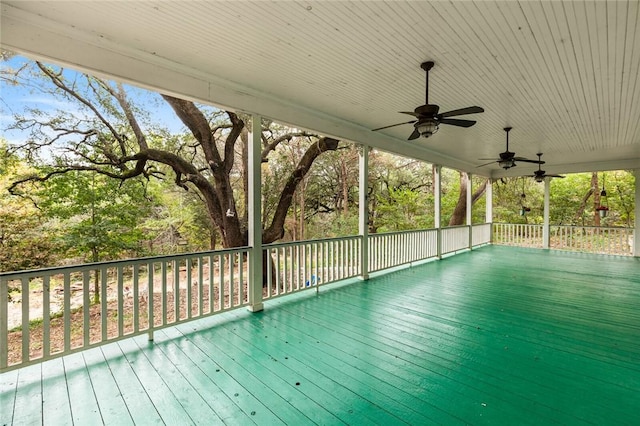 view of pool featuring ceiling fan and a deck