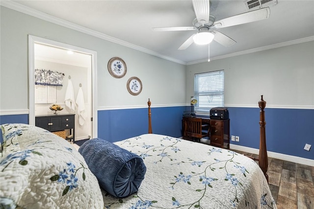 bedroom featuring dark wood-type flooring, ceiling fan, and ornamental molding