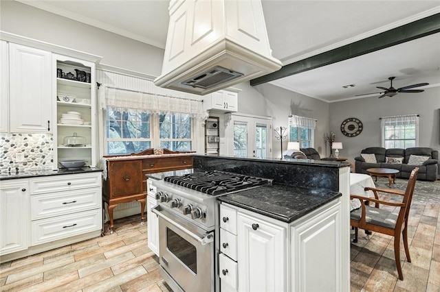 kitchen featuring white cabinets, high end range, crown molding, and custom exhaust hood