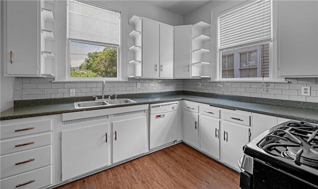 kitchen with sink, wood-type flooring, dishwasher, black gas stove, and white cabinetry