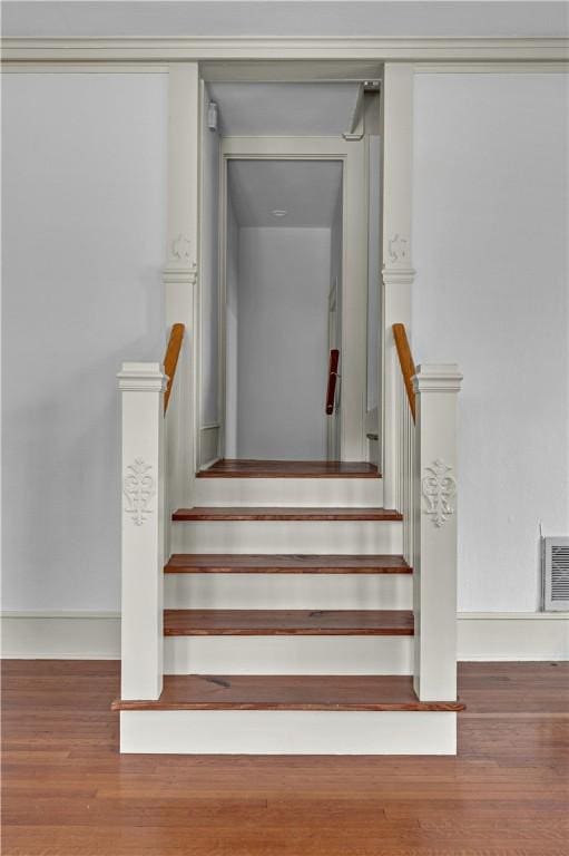 staircase with wood-type flooring