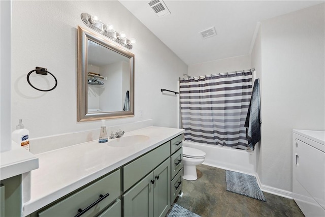 full bathroom with vanity, toilet, shower / bath combo, and washer / clothes dryer