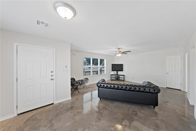 bedroom featuring concrete flooring and ceiling fan