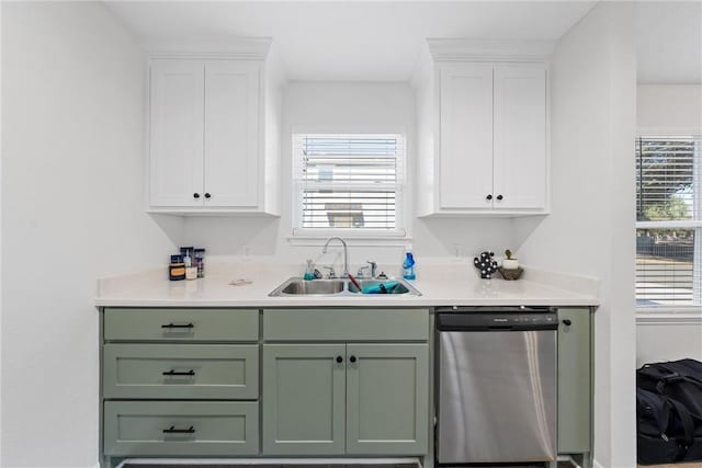 kitchen featuring stainless steel dishwasher, white cabinetry, and sink