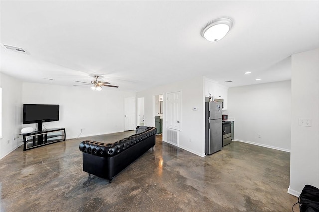 living room with ceiling fan