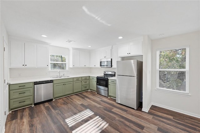 kitchen featuring appliances with stainless steel finishes, plenty of natural light, green cabinetry, and sink