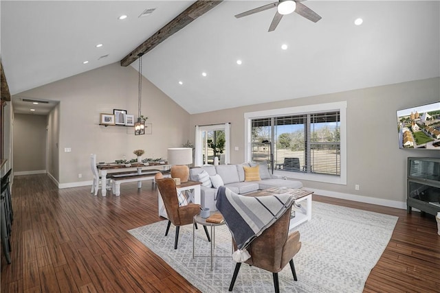 living room with beam ceiling, ceiling fan, dark hardwood / wood-style flooring, and high vaulted ceiling