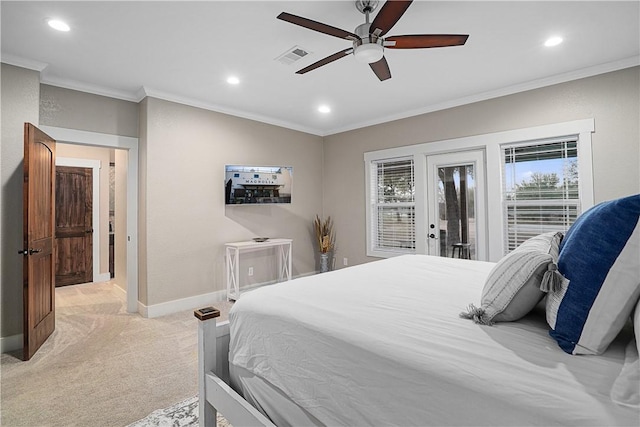 bedroom featuring access to outside, ceiling fan, crown molding, and light colored carpet