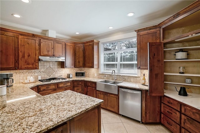 kitchen with sink, crown molding, light tile patterned floors, light stone counters, and stainless steel appliances