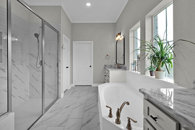 bathroom with vanity, separate shower and tub, and ornamental molding