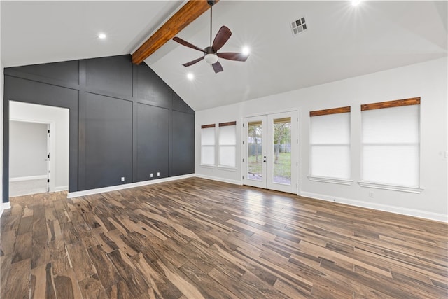 unfurnished living room featuring beam ceiling, ceiling fan, french doors, and hardwood / wood-style flooring