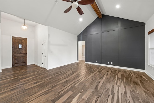 unfurnished living room with ceiling fan, dark hardwood / wood-style flooring, beamed ceiling, and high vaulted ceiling