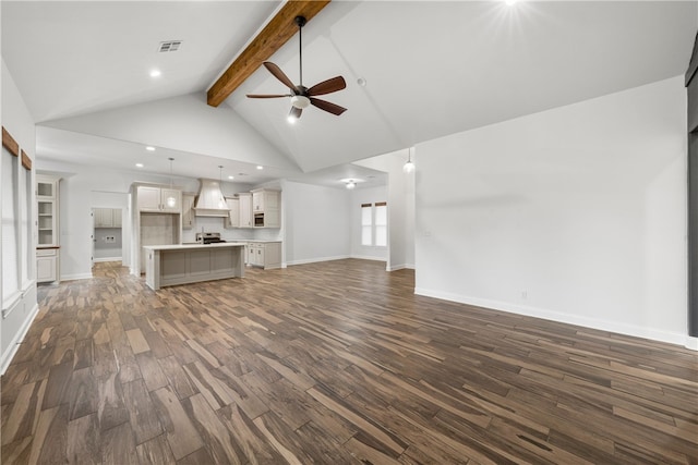 unfurnished living room featuring beam ceiling, dark hardwood / wood-style flooring, high vaulted ceiling, and ceiling fan