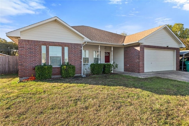 single story home featuring a porch, a front yard, and a garage