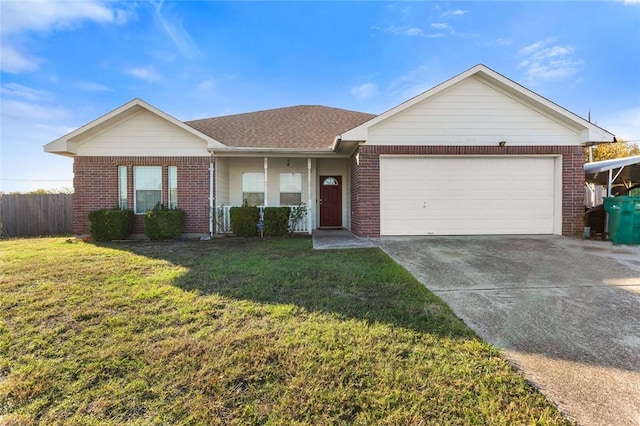 single story home featuring a front yard and a garage