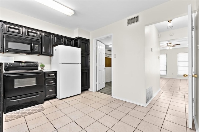 kitchen featuring black appliances, ceiling fan, and light tile patterned flooring