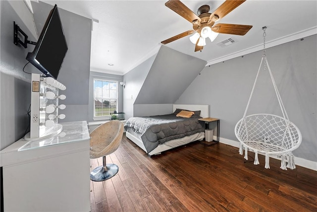 bedroom with dark hardwood / wood-style floors and ornamental molding