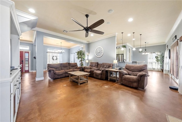 living room featuring ceiling fan with notable chandelier and ornamental molding