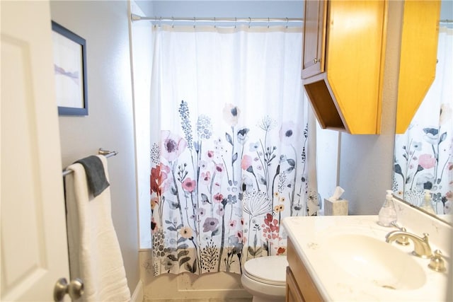 full bathroom with vanity, toilet, and shower / bathtub combination with curtain