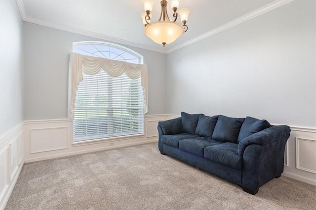 carpeted living room featuring an inviting chandelier and crown molding