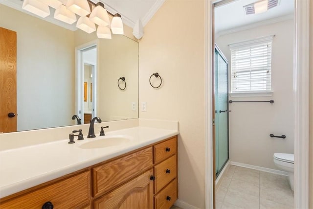 bathroom with walk in shower, tile patterned flooring, crown molding, toilet, and vanity