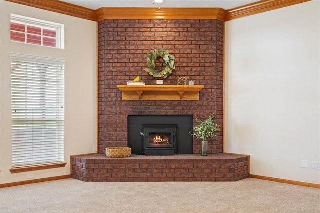 living room with carpet, ornamental molding, and a fireplace