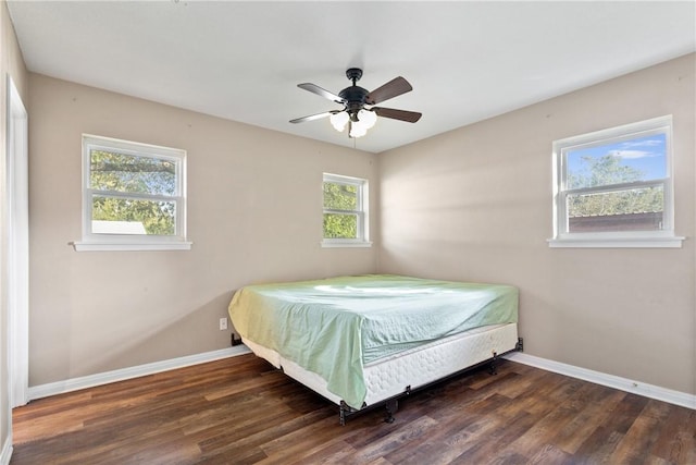 bedroom featuring ceiling fan, dark hardwood / wood-style flooring, and multiple windows