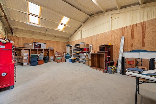 garage with wood walls