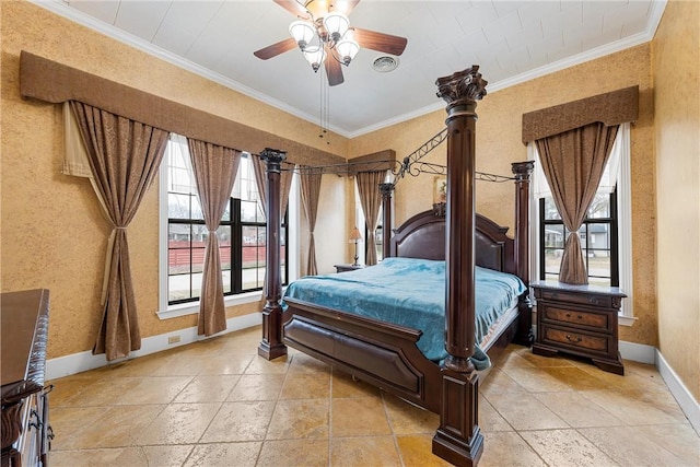 bedroom with crown molding and ceiling fan