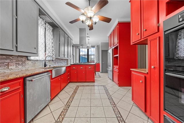 kitchen with light tile patterned floors, sink, stainless steel appliances, ornamental molding, and exhaust hood