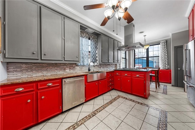 kitchen with stainless steel appliances, light tile patterned flooring, sink, and island range hood