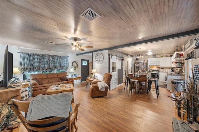 living room with ceiling fan, light hardwood / wood-style floors, and wooden ceiling