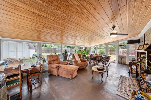 sunroom / solarium with ceiling fan, wooden ceiling, and lofted ceiling