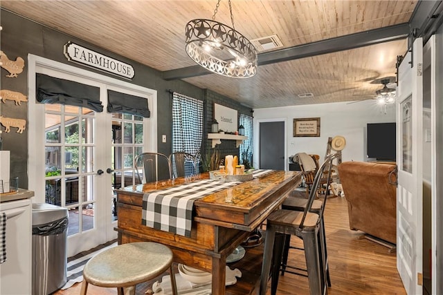 dining space with hardwood / wood-style flooring, ceiling fan, wood ceiling, and french doors