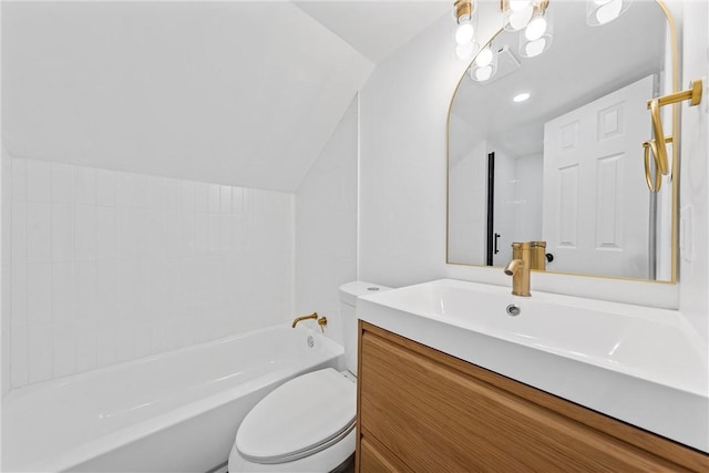 full bathroom with vaulted ceiling, vanity, and toilet