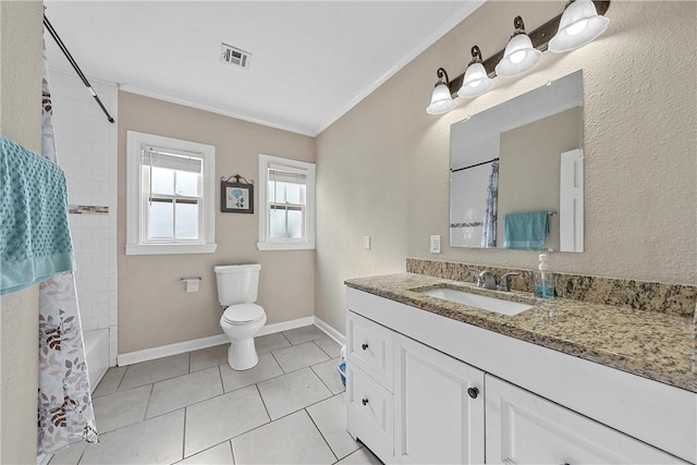 full bath featuring tile patterned flooring, visible vents, crown molding, toilet, and vanity