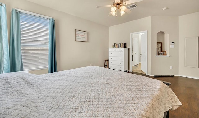 bedroom featuring hardwood / wood-style flooring and ceiling fan