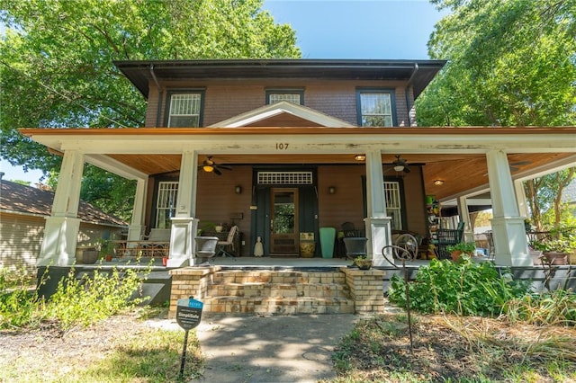 view of front of home with ceiling fan and a porch