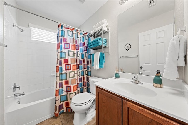 full bathroom featuring toilet, shower / tub combo, vanity, and tile patterned floors