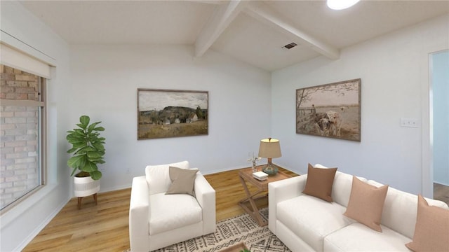 living room featuring vaulted ceiling with beams and light hardwood / wood-style flooring