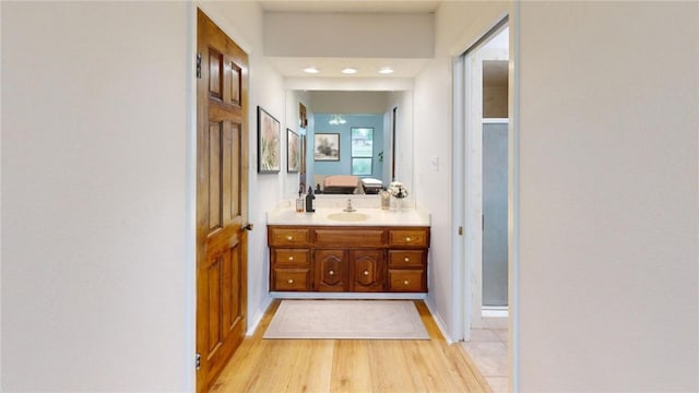 bathroom with vanity and wood-type flooring