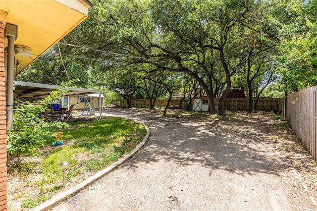 view of yard with a patio and a storage unit