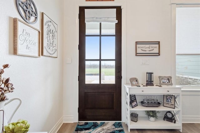 entryway with baseboards and wood finished floors