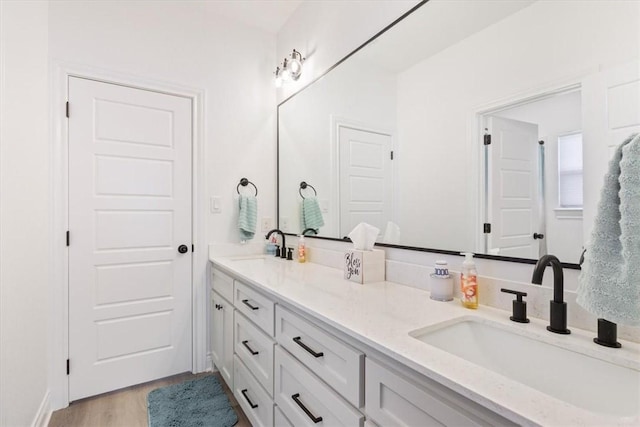 bathroom with double vanity, wood finished floors, and a sink